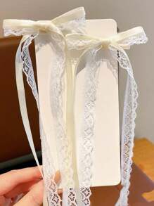 2pcs Lace Bow Hair Clips, Ribbon Tie Barrettes For Braids, Cute Kawaii Streamers For Pigtails, Korean Hair Accessories Valentines Claw Clips, School Stuff, Elegant, College, Winter Outfit For Women, Bows