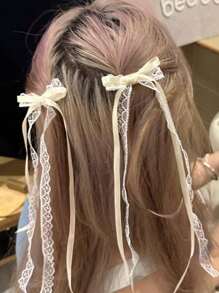 2pcs Lace Bow Hair Clips, Ribbon Tie Barrettes For Braids, Cute Kawaii Streamers For Pigtails, Korean Hair Accessories Valentines Claw Clips, School Stuff, Elegant, College, Winter Outfit For Women, Bows