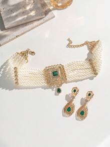 Herseygold 1 Set Of Faux Pearl Necklace And Earrings Set, Moroccan Gold-Plated Bride Jewelry Set - Gold - View 1