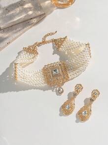 Herseygold 1 Set Of Faux Pearl Necklace And Earrings Set, Moroccan Gold-Plated Bride Jewelry Set - Gold - View 2