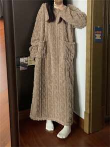1pc Women Winter Coral Fleece Long Bathrobe, Ankle Length Sleepwear, Warm & Comfortable For Home & Outdoor Use Summer Wedding Home Bathroom Decor - Coffee Brown - View 4