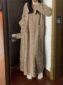 1pc Women Winter Coral Fleece Long Bathrobe, Ankle Length Sleepwear, Warm & Comfortable For Home & Outdoor Use Summer Wedding Home Bathroom Decor - Coffee Brown - View 5