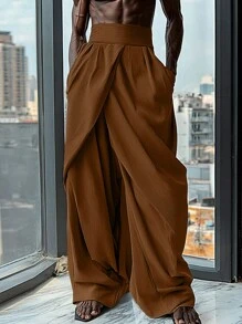 INCERUN Fashion Men High Waist Zipper Wrap Pleated Palazzo Culotte Long Pants Holiday Party Casual Loose Wide Leg Trousers Bottoms - Brown - View 1