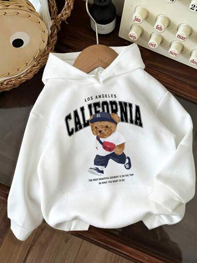 Moletom feminino casual com capuz e manga comprida e estampa de urso em inglês