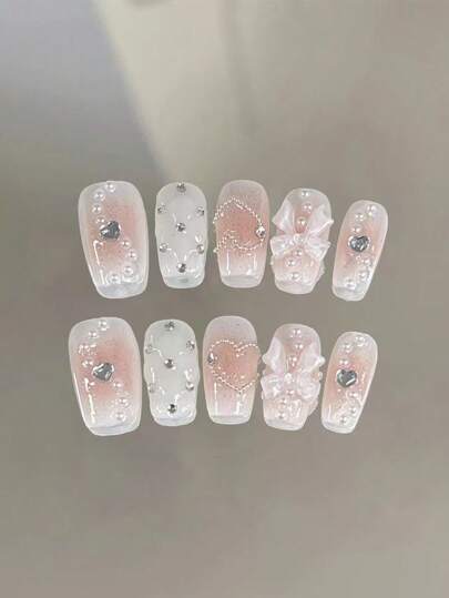 10Pcs Princess-Style Bowknot Glitter Gradient Jelly Nail Art Tips, Sweet Girl Enhancing, Pearl Decor Atmosphere, Handmade, Reusable, Full Coverage Press-On Fake Nails Nail Supplies Nails