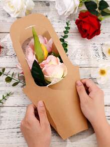 5pcs/10pcs Kraft Paper Flower Gift Bags With Handles, Floral Carrier Bags For Gift Wrapping, Festivals, Weddings, Birthdays, Parties - Yellow - View 4