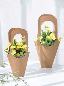 5pcs/10pcs Kraft Paper Flower Gift Bags With Handles, Floral Carrier Bags For Gift Wrapping, Festivals, Weddings, Birthdays, Parties - Yellow - View 5