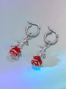 1 Pair Romantic 3d Rose Dangle Earrings For Women Retro Metal Flower Advanced Pendant Earring Silver Color Fashion Jewelry Valentine's Day Gift Valentines - hoa hồng - Xem 3