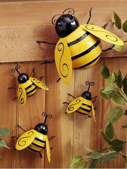4pcs Metal Bee Decor, Ironwork Art Decoration For Garden Fence, 3D Iron Art Sculpture Ornament For Lawn, Yard, Bedroom Wall, Outdoor Home Statue