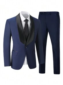 3 件套男士绅士商务西装套装 - 靛蓝色披肩领夹克，配套长裤和背心，剪裁合身，适合派对、婚礼、度假、旅行等正式场合