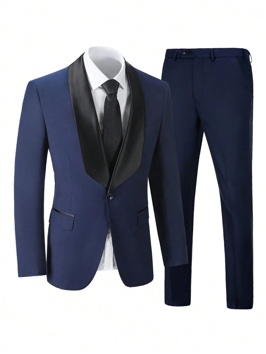 3 件套男士绅士商务西装套装 - 靛蓝色披肩领夹克，配套长裤和背心，剪裁合身，适合派对、婚礼、度假、旅行等正式场合