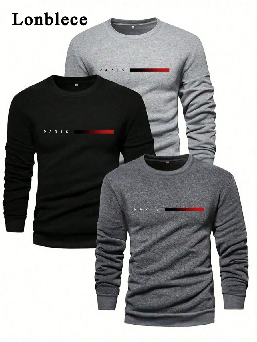 Lonblece 3 件装男士复古休闲套头长袖 T 恤 - 彩色 - 查看 1