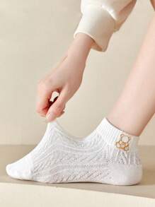 5 đôi vớ mắt cá chân thêu gấu - trắng - Xem 2