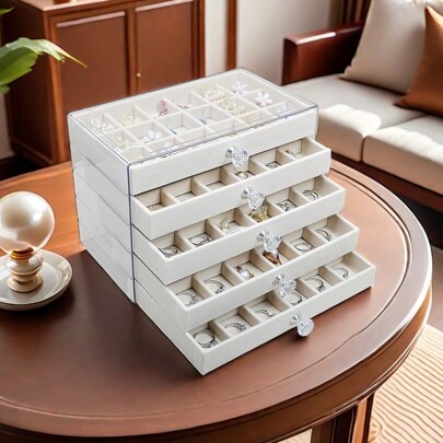 Jewelry & Necklace Storage Box, Large Capacity Transparent Drawer Type Desk Storage, Dust-Proof For Faux Pearl Necklaces, Bracelets, Jewelry Accessories, Velvet Jewelry Box Gifts For Women Sun Travel Cool Back To School