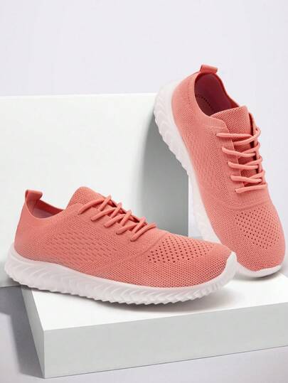 女士轻便休闲鞋 户外步行鞋 运动鞋 健身鞋 透气运动跑步鞋 网球鞋 防滑系带女士平底鞋 珊瑚红