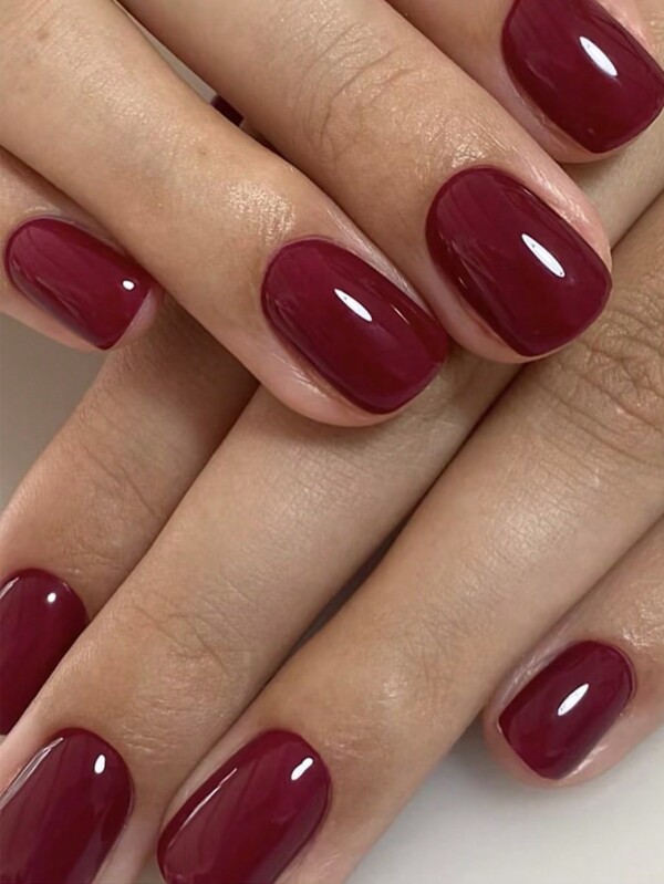 Short Press On Nails Burgundy Square Handmade Gel Fake Nails Fit Perfectly Glue On Nails 24 PCS Reusable False Nails Kit With Jelly Glue