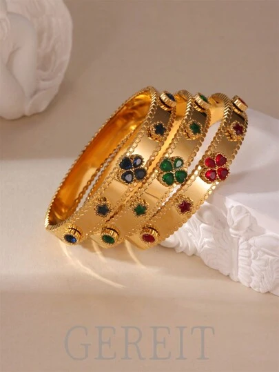 GEREIT 1 件 18K 镀金不锈钢彩色花卉图案手镯，优雅适合女性日常佩戴