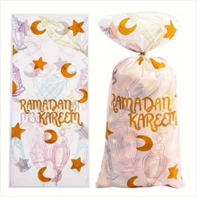 50pcs Ramadan Party Transparent Plastic Bags With Star And Moon Patterns, Suitable For Packaging Food, Candy And Gifts