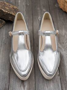 Silver T-Strap Buckle Chunky Heel Comfortable & Versatile Elegant Work Fashion Women Flat Shoes - Silver - View 2