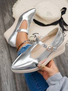 Silver T-Strap Buckle Chunky Heel Comfortable & Versatile Elegant Work Fashion Women Flat Shoes - Silver - View 4