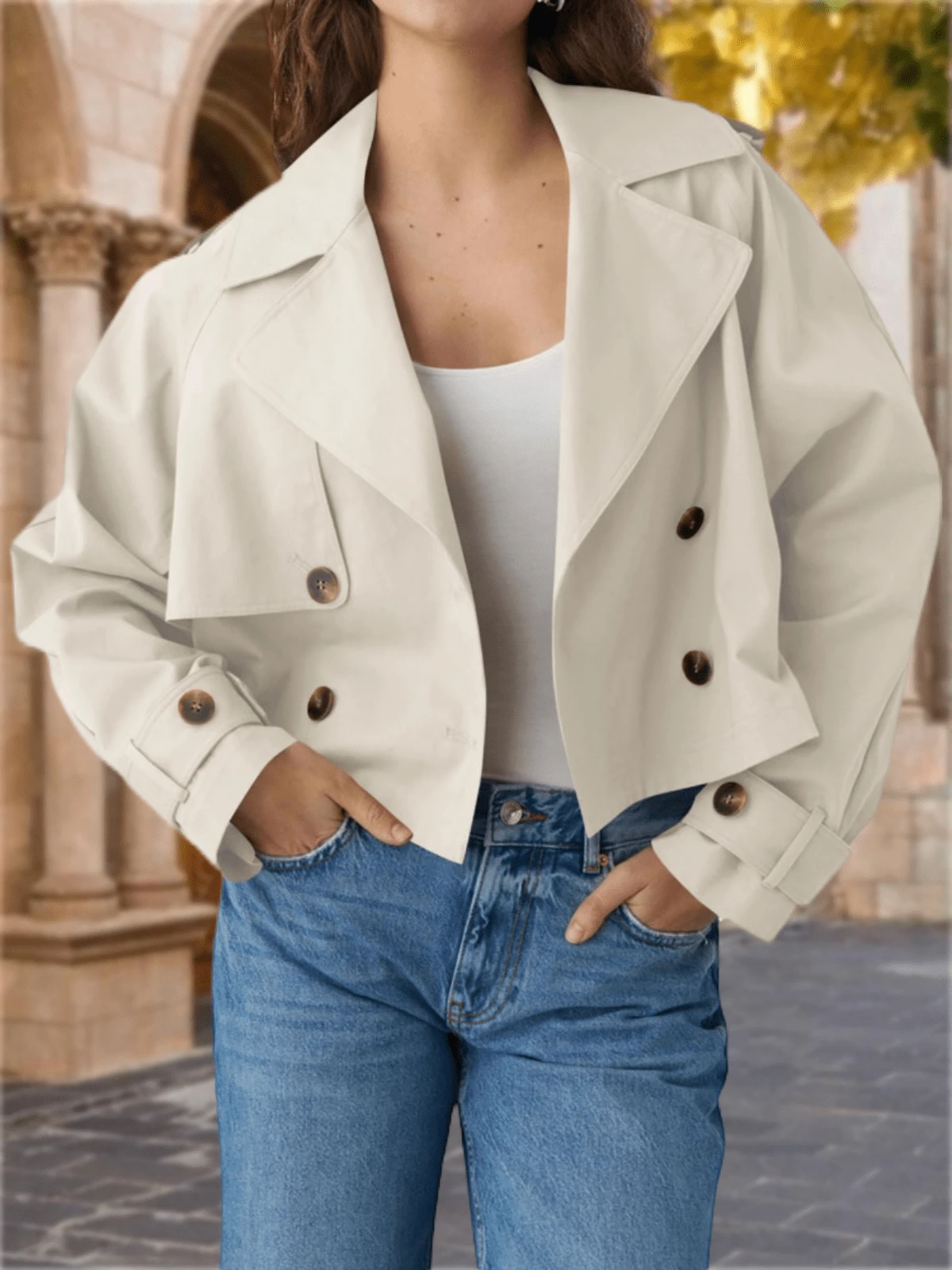Womens Cropped Trench Coat Lapel Double Breasted Short Jacket Outwear Christmas Gift & New Year Gift - Màu be - Xem 1