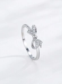 1pc 925 Sterling Silver Cubic Zirconia Bowknot Ring, Exquisite Design, Elegant Jewelry Gift For Women - Silver - View 3