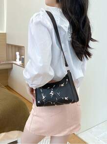 Valentine's Day Gift Set, Women's Shoulder Bag, Lightweight Faux Leather Embroidered Crescent Moon Handbag, Versatile For Daily Use, Zippered Closure, Detachable Strap