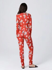 Women 2025 New Fashion Jumpsuit Buttons V Neck Long Sleeve Cartoon Printed One-Piece Clothes - 紅色 - 查看 7
