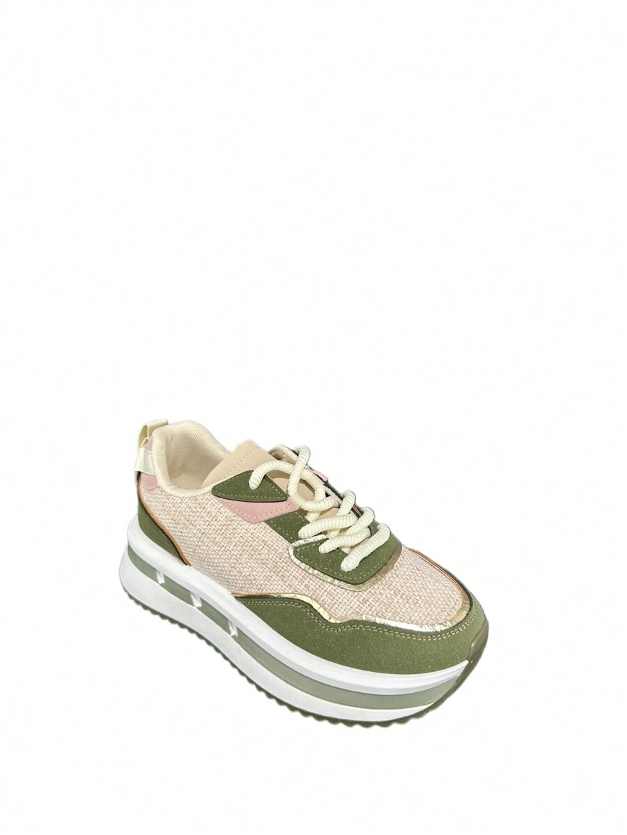 Damen Kontrast-Farbe Dicksohlen Lässig Sport Sneaker, für Alltag & Training - Grün - Übersicht 1