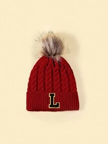 1pc Kids Letter Pattern Fleece Beanie Hat, Winter - Rose Red - View 61