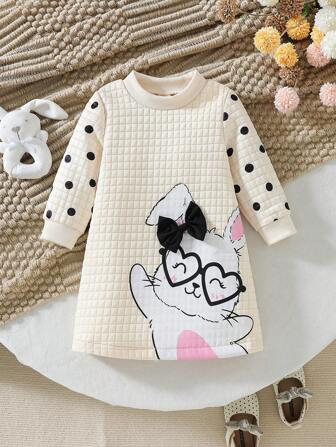 女宝宝时尚休闲可爱蝴蝶结兔子印花连衣裙