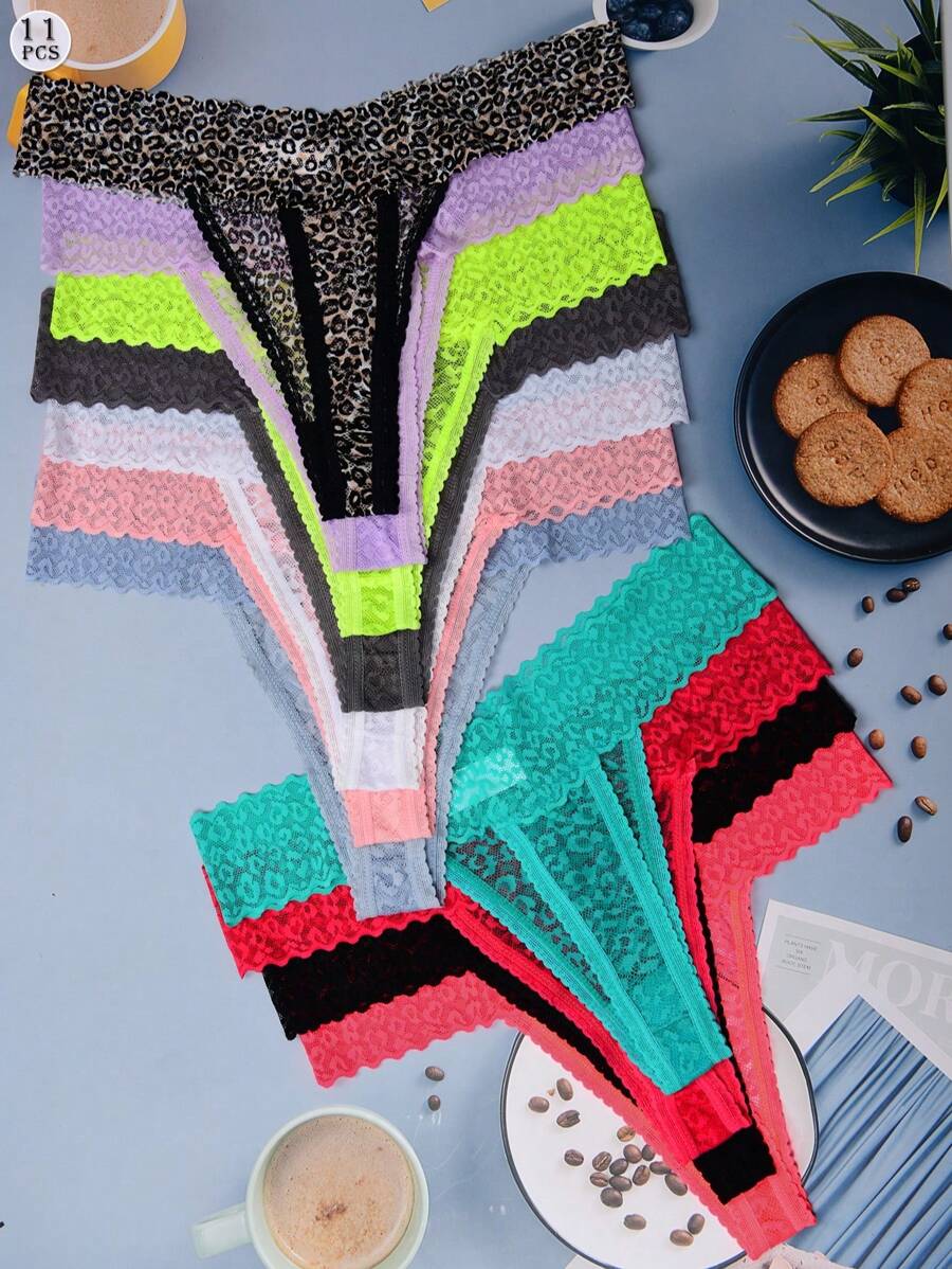 11pcs/Set 10-Color Women's Leopard Print Lace Thong Panties - Multicolor - View 1