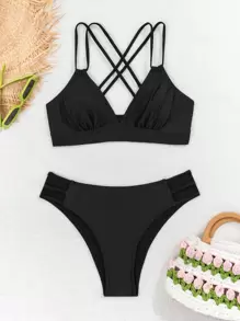 Solid Color Backless Strappy Bikini Swimwear Set, Sexy Vacation Style, For Summer Beach - Black - View 1