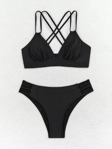 Solid Color Backless Strappy Bikini Swimwear Set, Sexy Vacation Style, For Summer Beach - Black - View 5