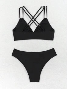 Solid Color Backless Strappy Bikini Swimwear Set, Sexy Vacation Style, For Summer Beach - Black - View 2