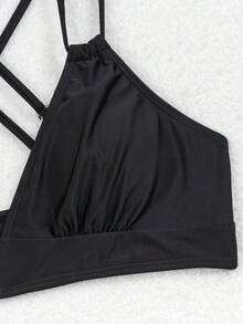 Solid Color Backless Strappy Bikini Swimwear Set, Sexy Vacation Style, For Summer Beach - Black - View 3
