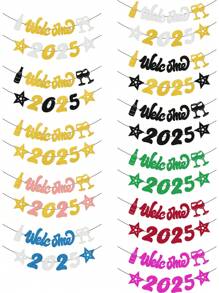 欢迎 2025 标志新年派对横幅，闪光香槟星装饰庆祝 2025 年新年悬挂花环彩旗装饰，新年派对背景用品 - 彩色 - 查看 2