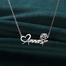 Personalisierte Edelstahl Rosenblumen Namenskette, romantische Herz-Schrift-Halskette, perfektes Geschenk für sie, Damen Hochzeitsschmuck