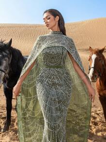 Luxurious Shimmering Beaded Sequin Maxi Cape Dress With Fish Tail Hem - Perfect For Weddings, Red Carpet Events, Desert Weddings, And Celebrity-Style Parties, Party Dress, Wedding Guest Dress, Formal Dress, Evening Dress,Gown