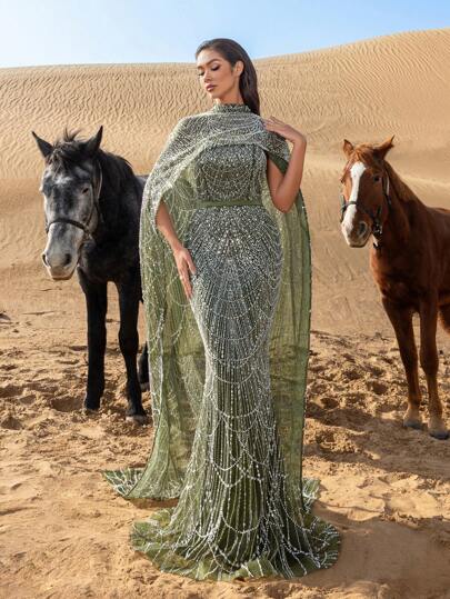 Faeriesty Luxurious Shimmering Beaded Sequin Maxi Dress With Cape & Fish Tail Hem – High-End Couture, Mermaid Gown, Star-Approved Red Carpet Dress For Weddings, Galas, And Celebrity-Style Parties​ Party Formal Elegant