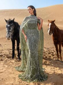 Luxurious Shimmering Beaded Sequin Maxi Cape Dress With Fish Tail Hem - Perfect For Weddings, Red Carpet Events, Desert Weddings, And Celebrity-Style Parties, Party Dress, Wedding Guest Dress, Formal Dress, Evening Dress,Gown