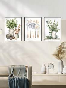 3 Pieces Kitchen Wall Arts Utensil Art Posters Green Botanical Posters Vintage Vase Wall Paintings Spoons Hanging Picture Modern Wall Arts Farmhouse Wall Artwork Dining Room Wall Decor Optional Frame Kitchen Decor