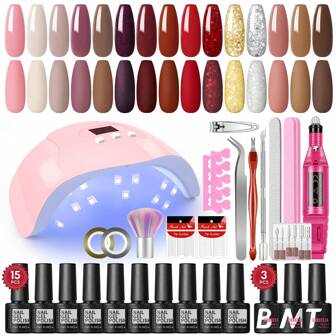 coscelia 32pcs/Set 7ml Gel Nail Polish Kit, Includes UV Lamp And USB Nail Drill, Autumn/Winter Colors With Red, Gold, Silver Glitter, Base Coat And Matte Top Coat, Suitable For Women To DIY Nail Salon At Home