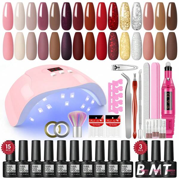 coscelia 32 pièces Ensemble de vernis à ongles gel 7 ml avec lampe UV et perceuse USB. Couleurs d'automne et d'hiver. Kit de vernis à ongles gel comprenant des couleurs rouge, or, argent et paillettes. Avec base, top coat mat et fournitures pour manucure à la maison pour femmes.