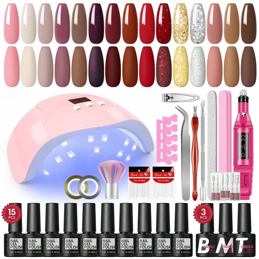 coscelia 32pcs/Set 7ml Gel Nail Polish Kit, Includes UV Lamp And USB Nail Drill, Autumn/Winter Colors With Red, Gold, Silver Glitter, Base Coat And Matte Top Coat, Suitable For Women To DIY Nail Salon At Home - Multicolor - View 1