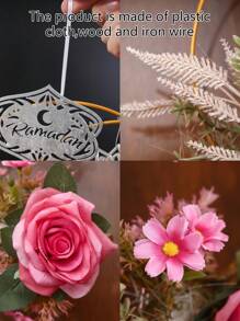 1 pieza Decoración colgante de hierro con rosa/crisantemo simulado y luna, para puerta principal, sala de estar, escalera, ventana/patio y jardín exterior, decoración colgante de luna de Eid