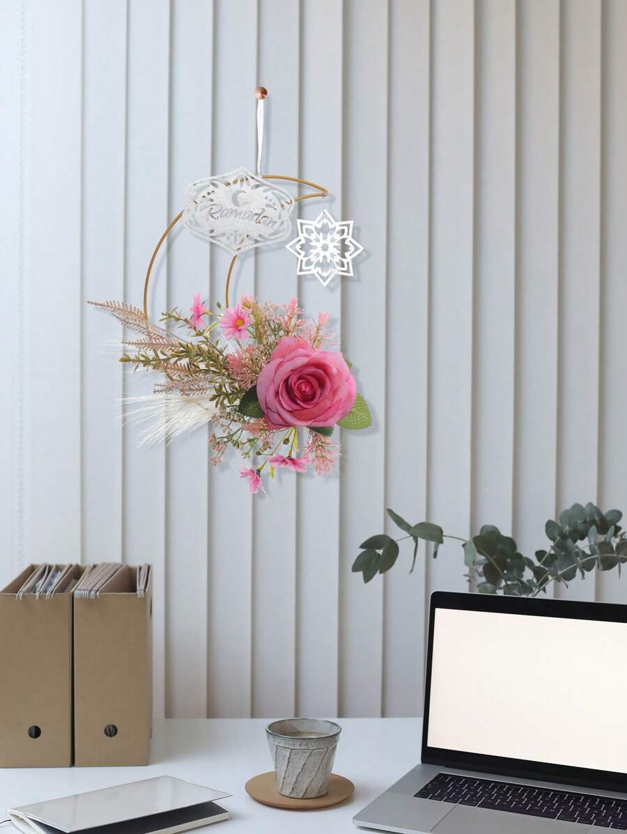 1 件仿真玫瑰/菊花月亮铁艺挂饰（带丝带），家庭前门、客厅、楼梯间、窗户/户外庭院花园开斋节月亮铁艺挂饰 - 彩色 - 查看 1