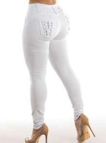 MX JEANS Mid Rise White Butt Lifting Skinny Jeans - 彩色 - 查看 8