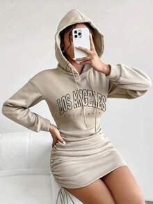 Letter Graphic Long-Sleeved Drawstring Side Hooded Mini Dress - Apricot - View 3