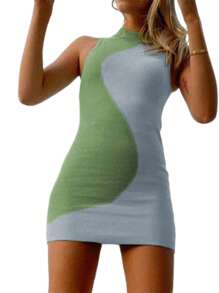 Womens Summer Sleeveless Knitted Dress Fashion Contrast Color Round Neck Tight Short Dress - Verde - Ver 3